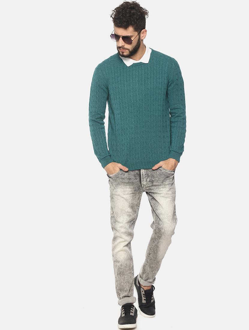 teal blue self design pullover - 16724935 - Zoom Image - 4