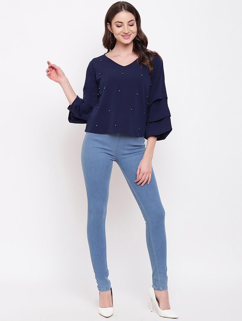 pearl embellished bell sleeved top - 16730604 - Zoom Image - 4