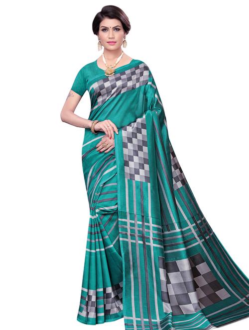 turquoise art silk printed saree with blouse - 16741795 - Standard Image - 1