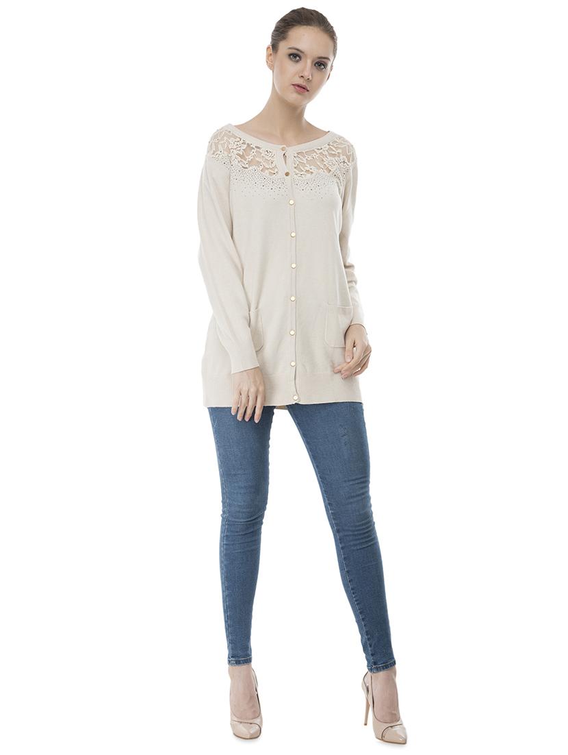 lace panel embellished wool blend cardigan - 16743469 - Zoom Image - 4