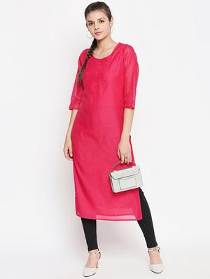 fuchsia solid straight kurta - 16771059 - Standard Image - 4