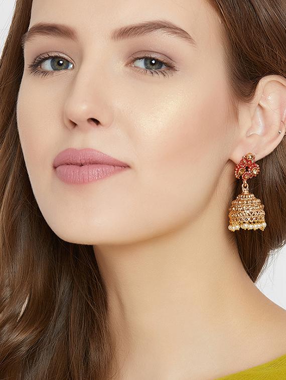 red metal jhumka earring - 16780345 - Zoom Image - 4