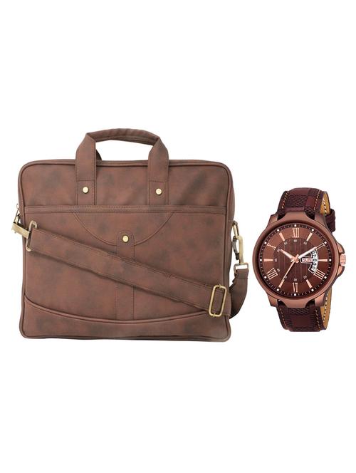 brown leatherette laptopbag with watch - 16818771 - Standard Image - 1