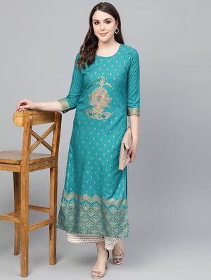 teal rayon kurta palazzo set - 16842889 - Standard Image - 4