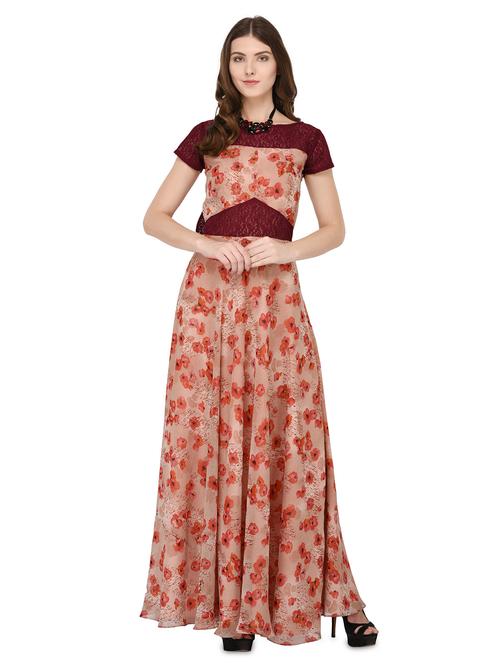 contrast lace bow tie flared gown - 16843549 - Standard Image - 1