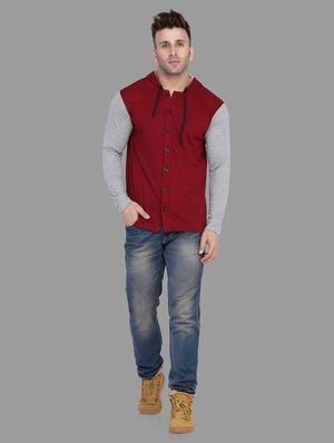 maroon color block hooded t-shirt - 16873187 - Standard Image - 4