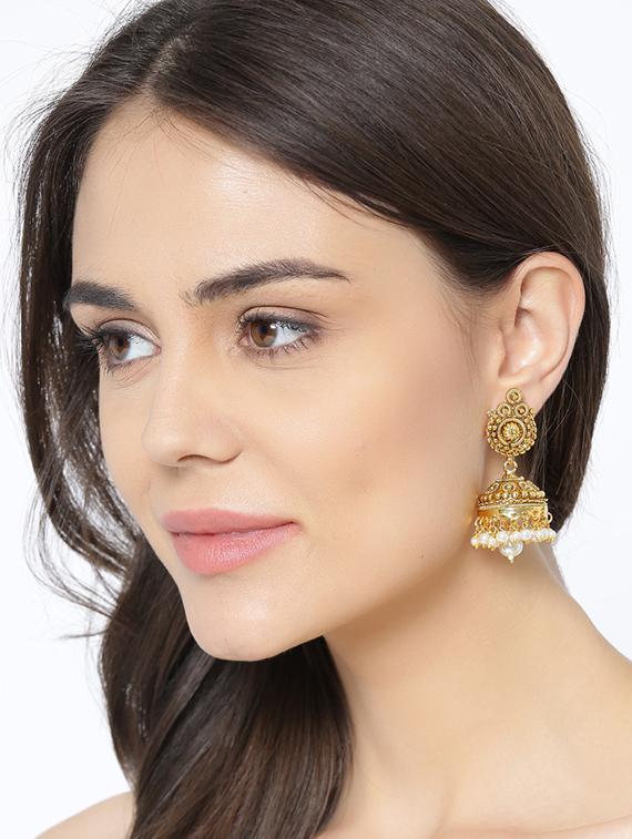 gold metal jhumka earring - 16888132 - Zoom Image - 4