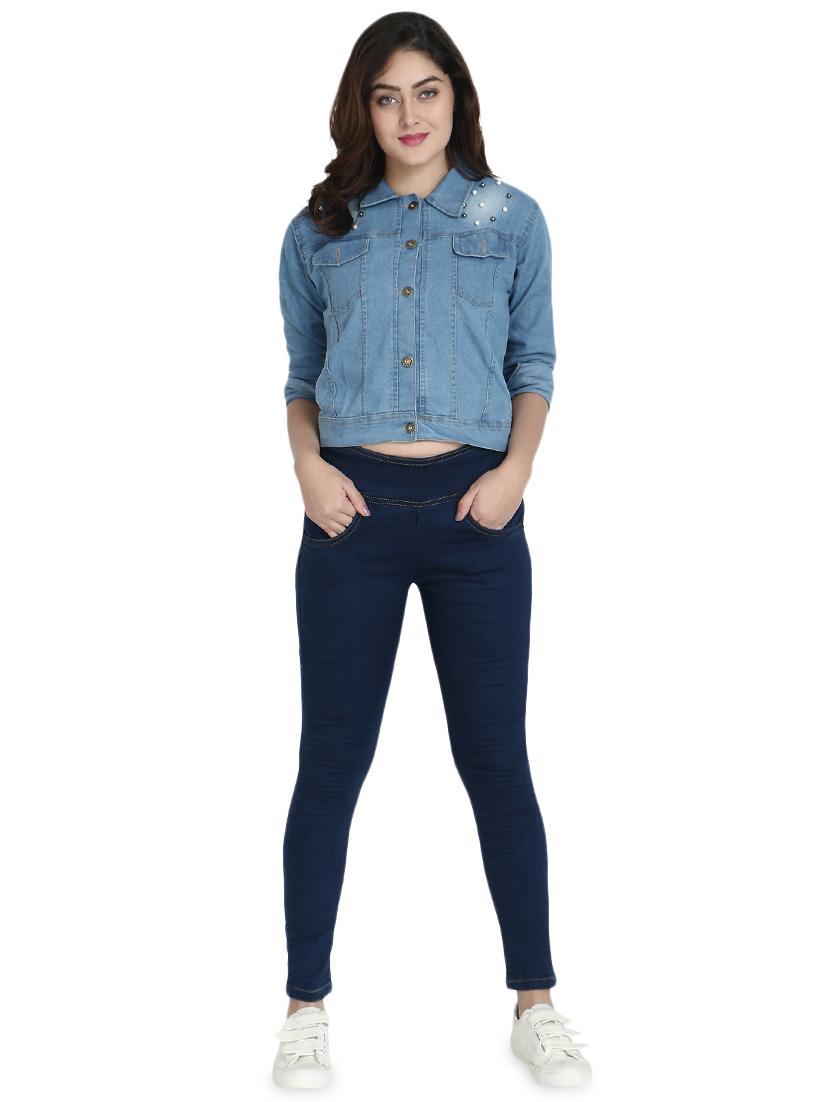 pearl embellished denim crop jacket - 16894809 - Zoom Image - 4