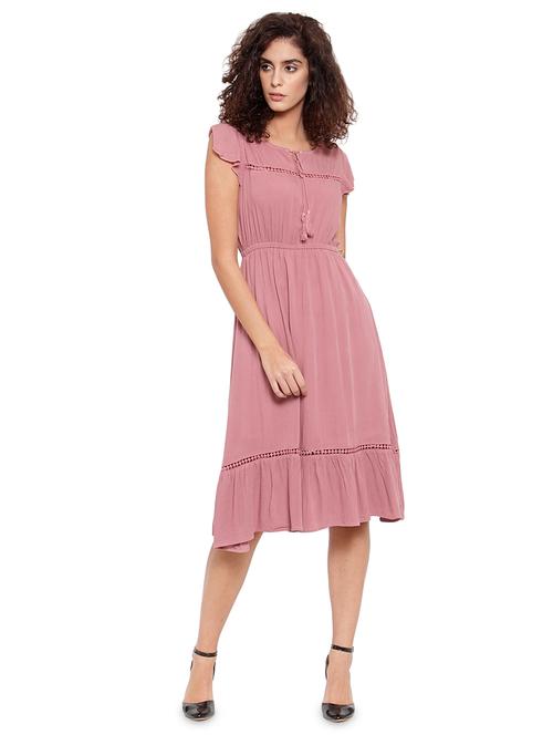 tie up neck lace insert flared dress - 16897145 - Standard Image - 1