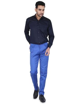 blue solid flat front casual trouser - 16904716 - Standard Image - 4