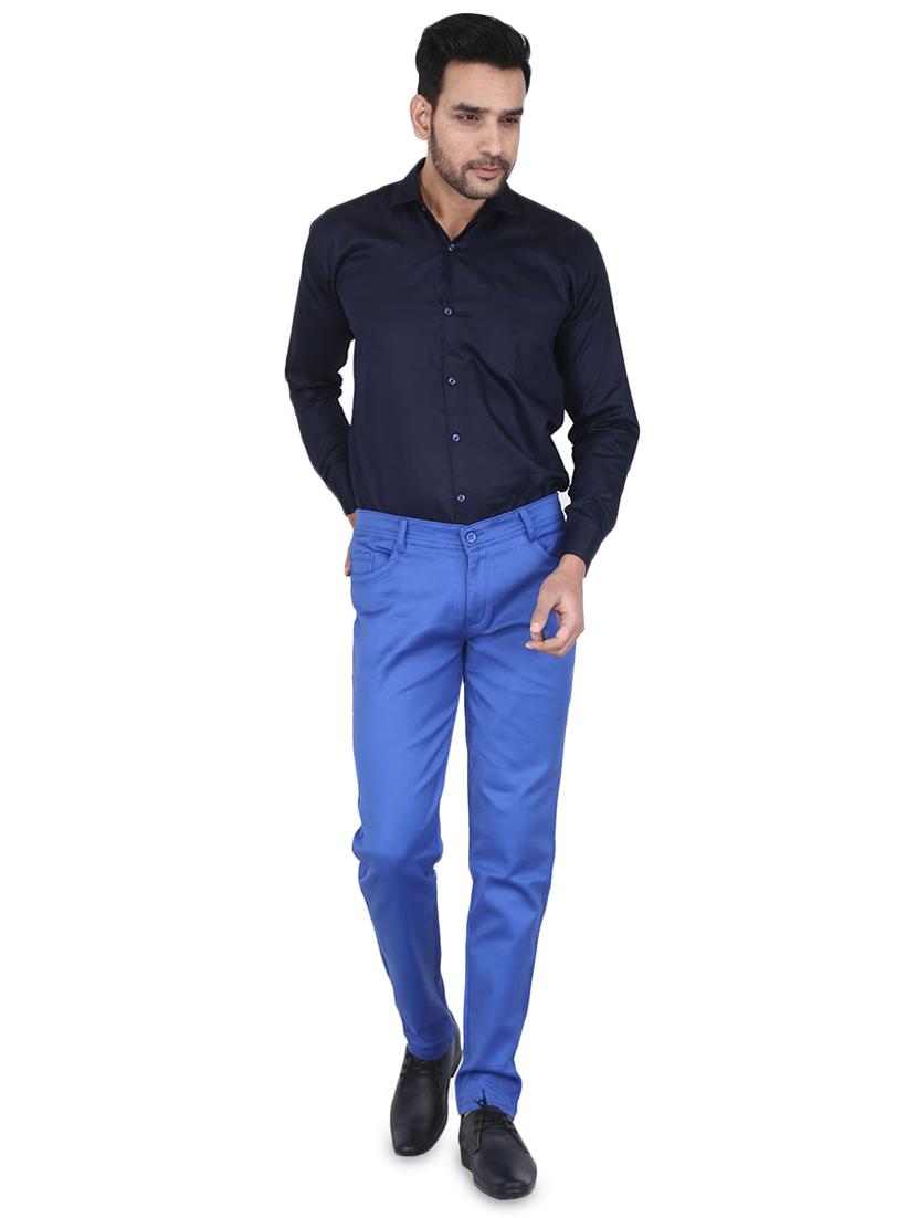 blue solid flat front casual trouser - 16904716 - Zoom Image - 4
