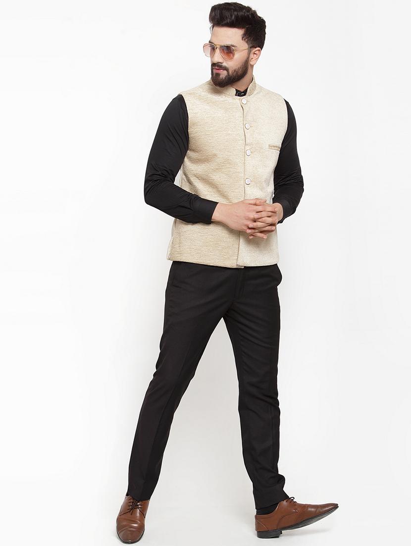 beige solid silk nehru jacket - 16927425 - Zoom Image - 4