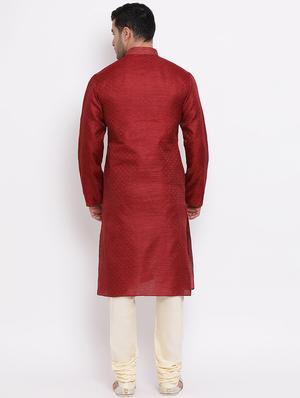 red pure silk jacquard kurta churidar set - 16943247 - Standard Image - 4