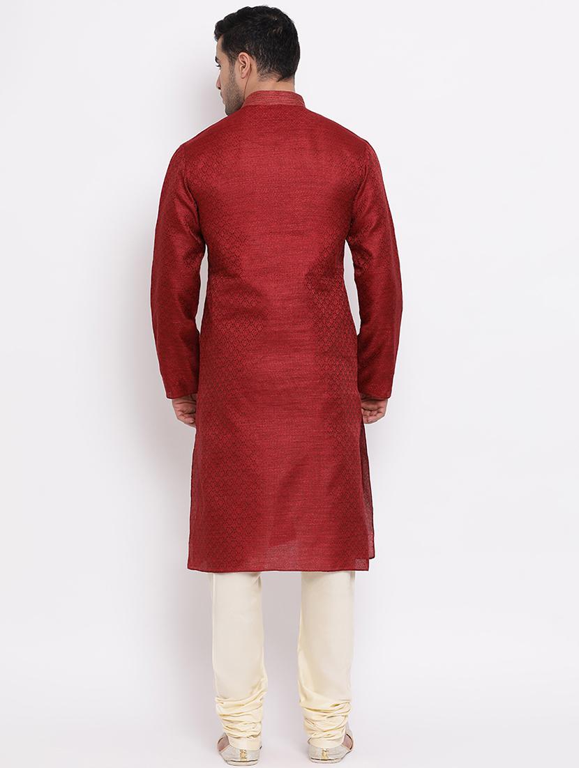 red pure silk jacquard kurta churidar set - 16943247 - Zoom Image - 4