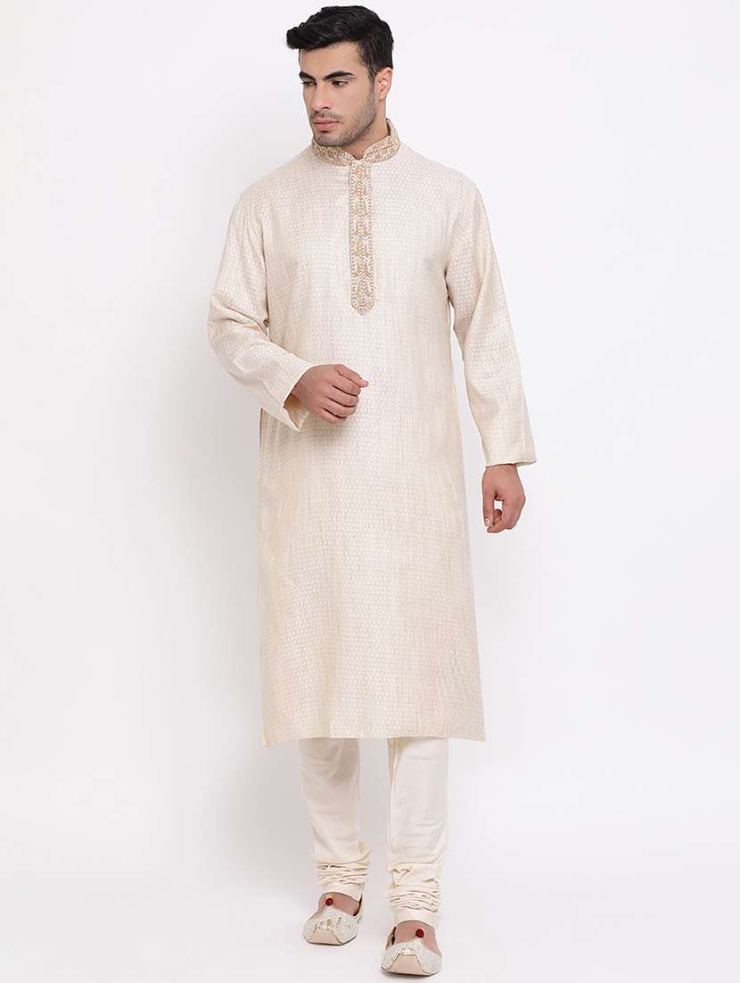 beige jacquard kurta churidar set