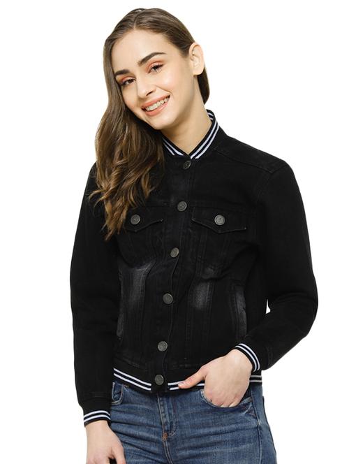 varsity ribbed cropped denim jacket - 16943315 - Standard Image - 1
