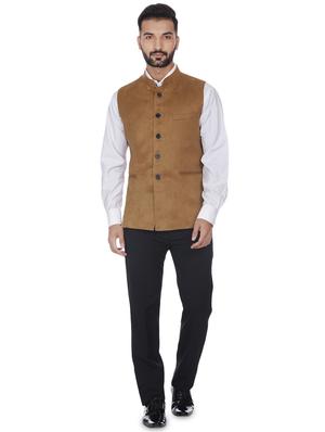 brown solid velvet nehru jacket - 16973788 - Standard Image - 4