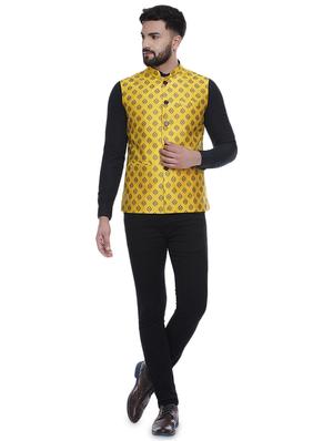 yellow printed silk nehru jacket - 16973795 - Standard Image - 4