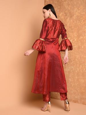 red chanderi kurta palazzo set - 16974613 - Standard Image - 4