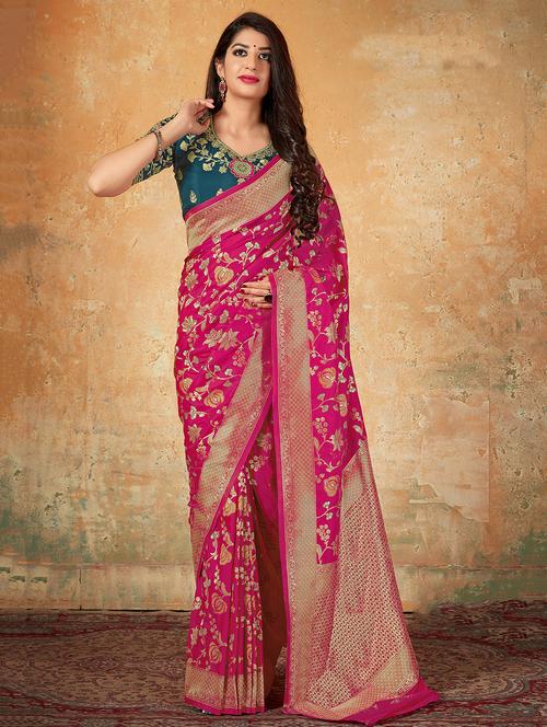 floral banarasi saree with blouse - 16980422 - Very Small Image - 1