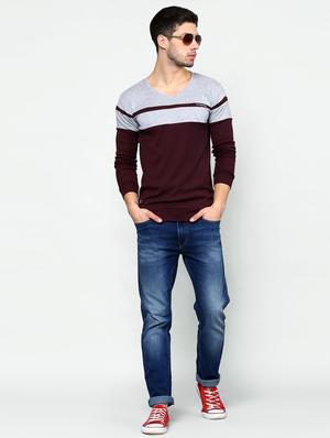 maroon color block cut & sew t-shirt - 16981750 - Standard Image - 4