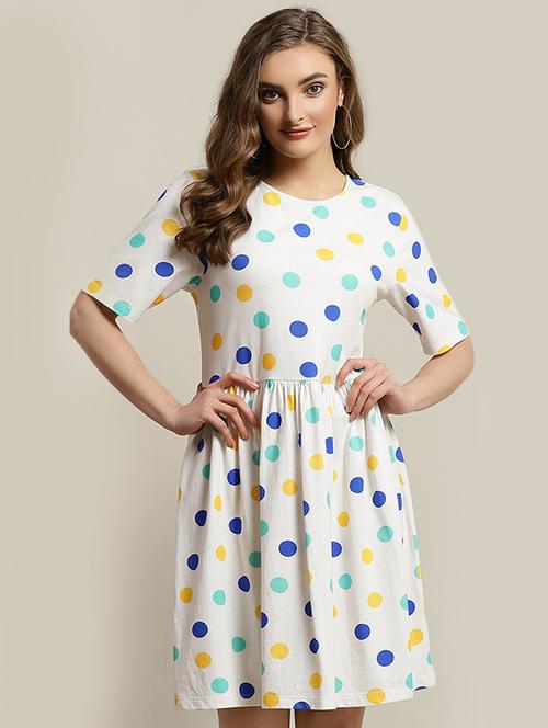 gathered detail polka dot flared dress - 16986330 - Very Small Image - 1
