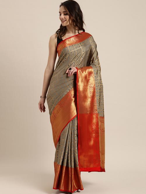 grey cotton silk jamdani saree with blouse - 17089939 - Very Small Image - 1