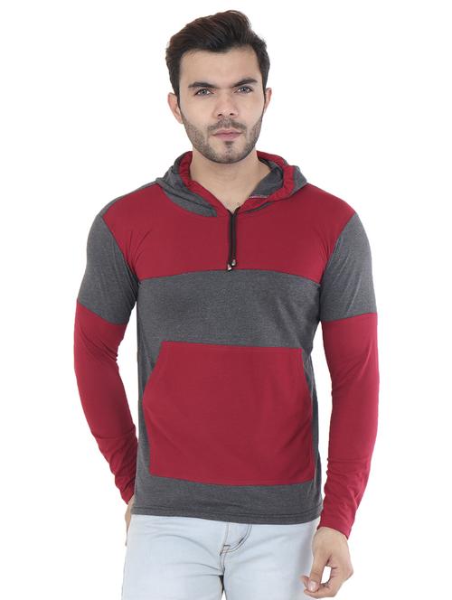 maroon color block hooded t-shirt - 17099581 - Very Small Image - 1