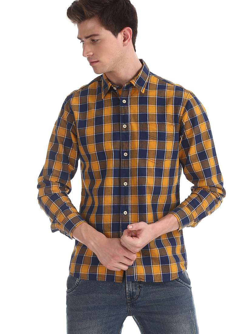 mustard checkered casual shirt
