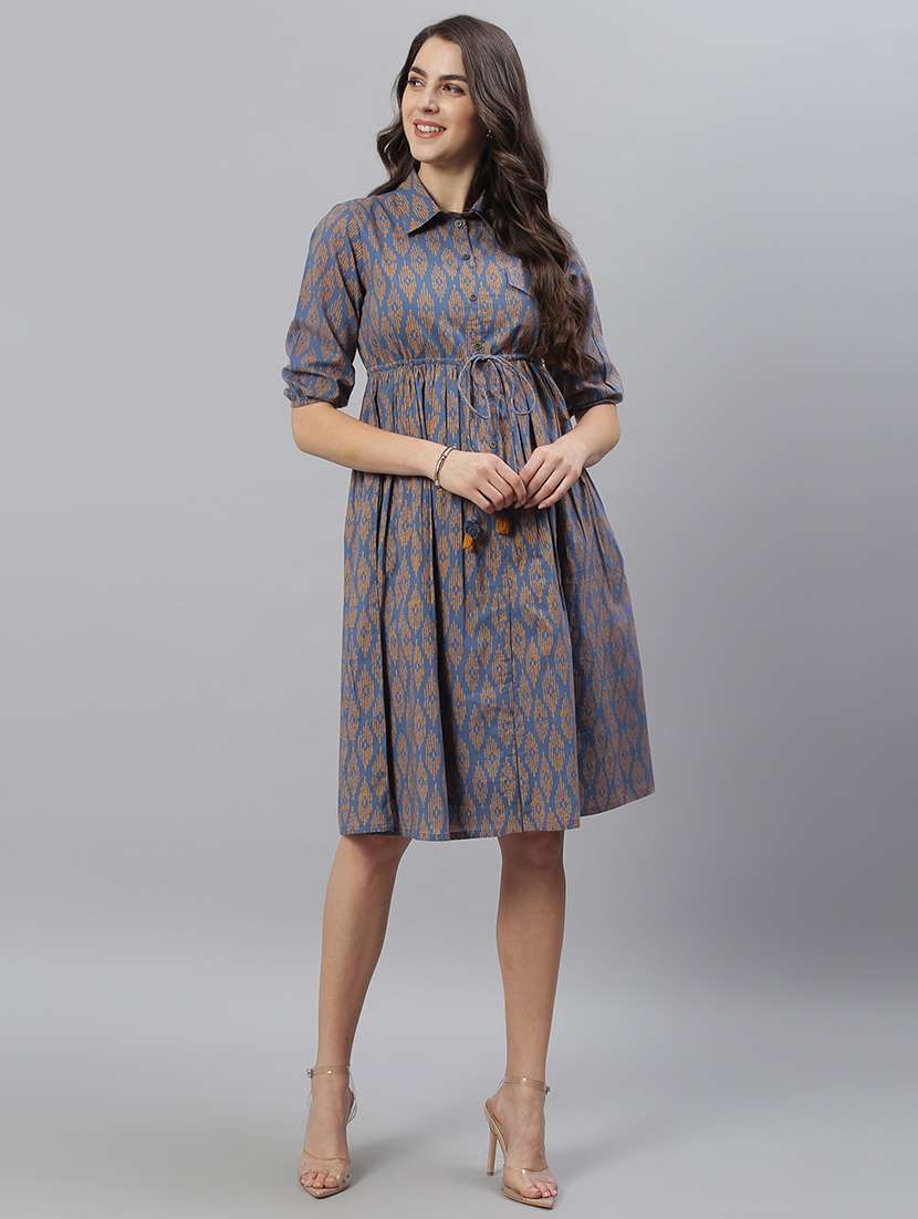 drawstring waist printed flared  dress