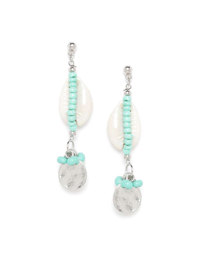 sea green & off-white silver-plated beaded cowry drop earrings