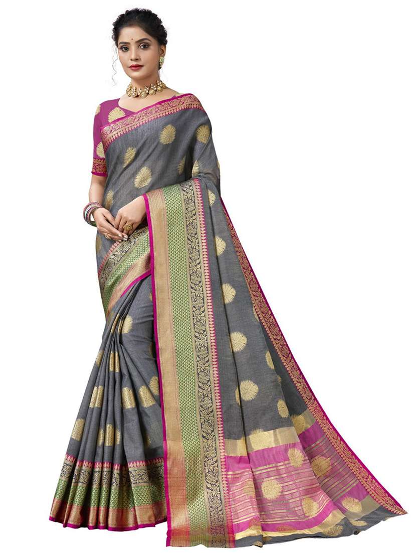 women's self design grey colored saree with blouse