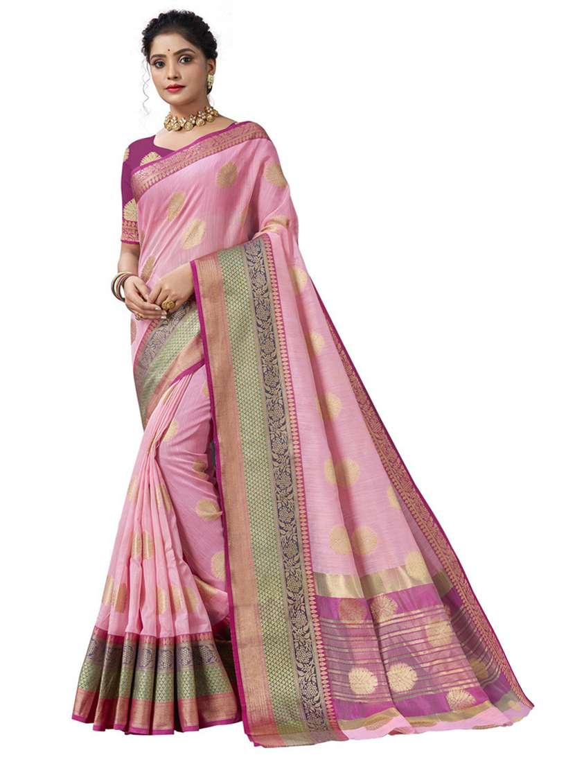 women's self design pink colored saree with blouse