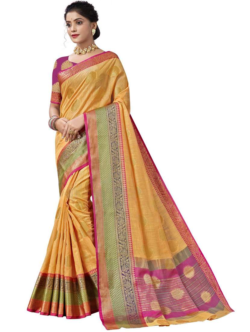 women's self design yellow colored saree with blouse