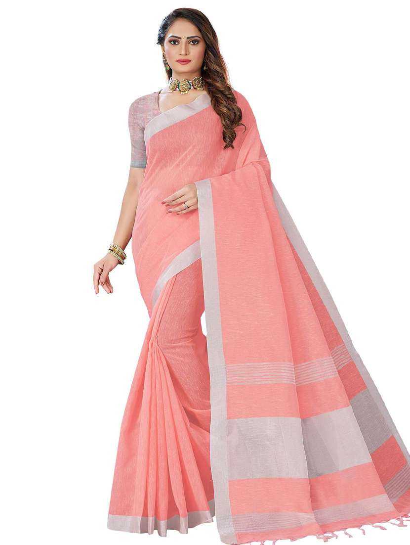 women's solid peach colored saree with blouse
