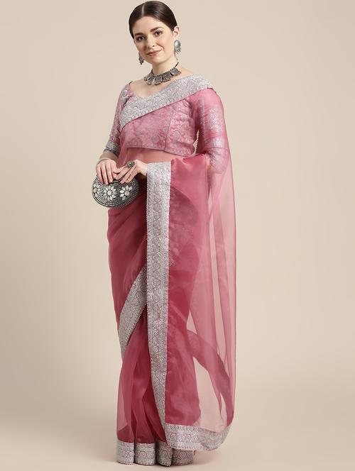 mauve solid embroidered bordered saree with blouse - 18642644 - Very Small Image - 1