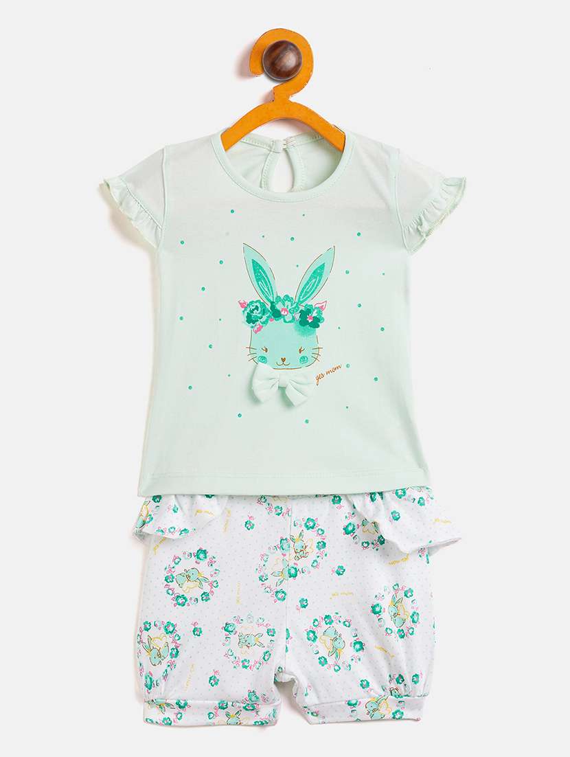 girls round neck printed shorts sets