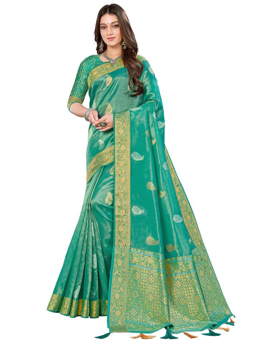 women's self design sea green colored saree with blouse