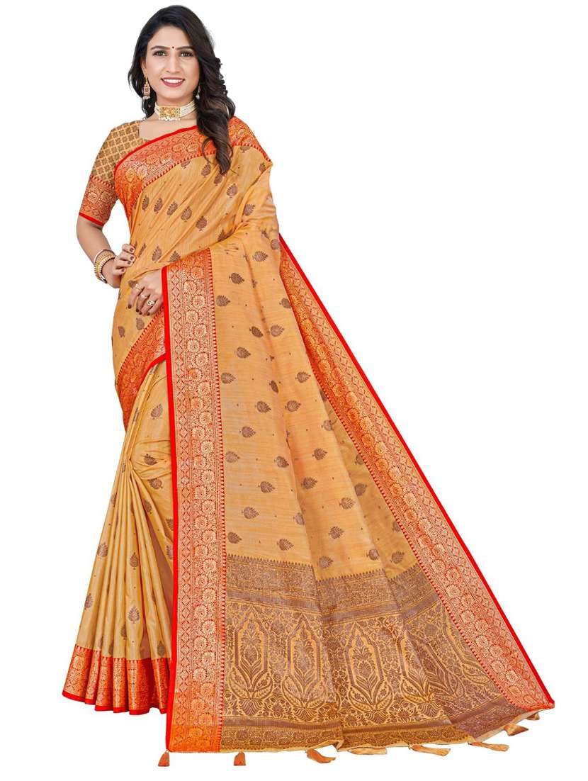 yellow floral print woven saree with blouse