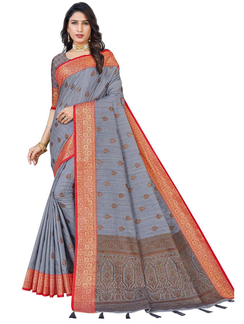 women's self design grey colored saree with blouse