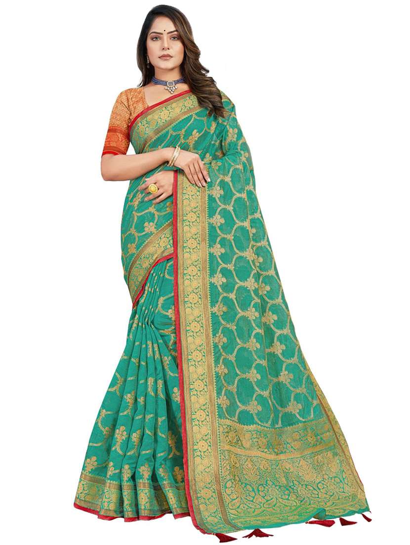 women's self design sea green colored saree with blouse