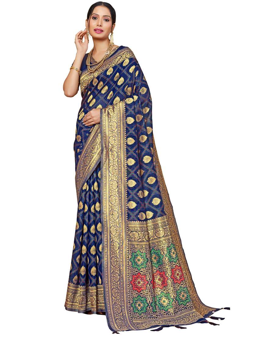 women's self design navy blue colored saree with blouse