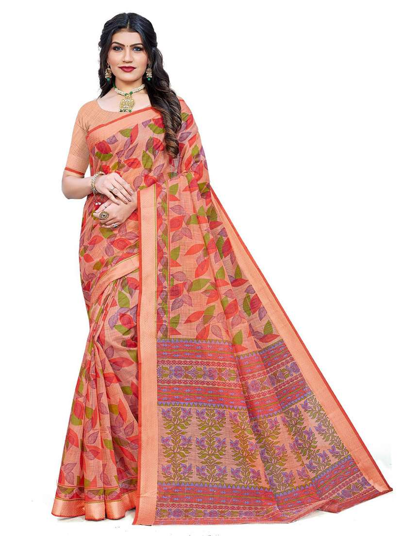 women's floral orange colored saree with blouse