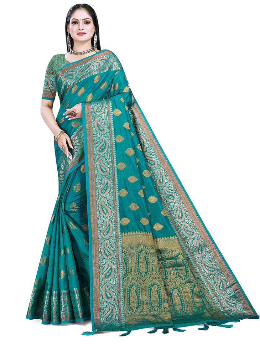 women's self design sea green colored saree with blouse