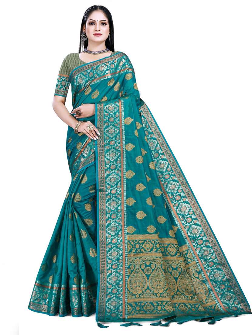 women's self design sea green colored saree with blouse