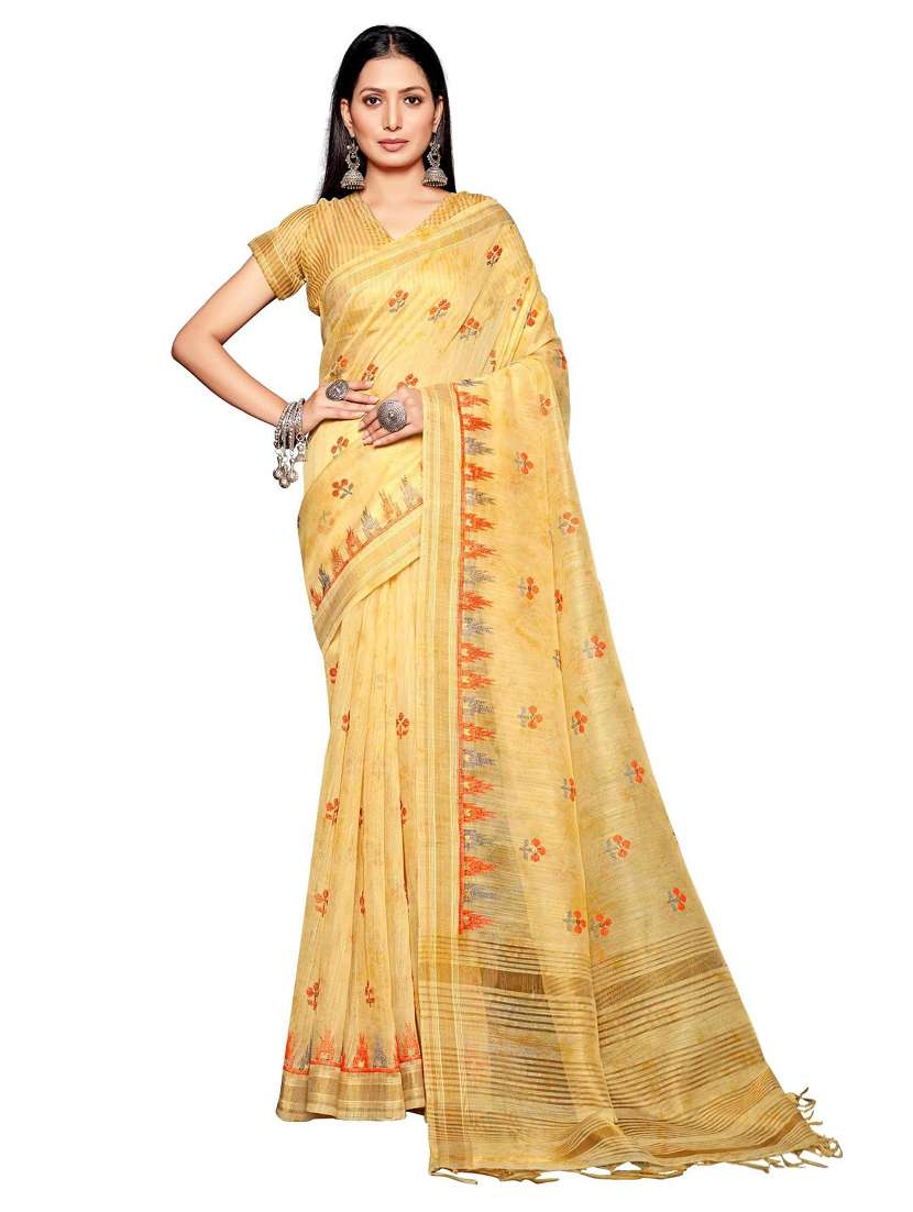 women's floral yellow colored saree with blouse