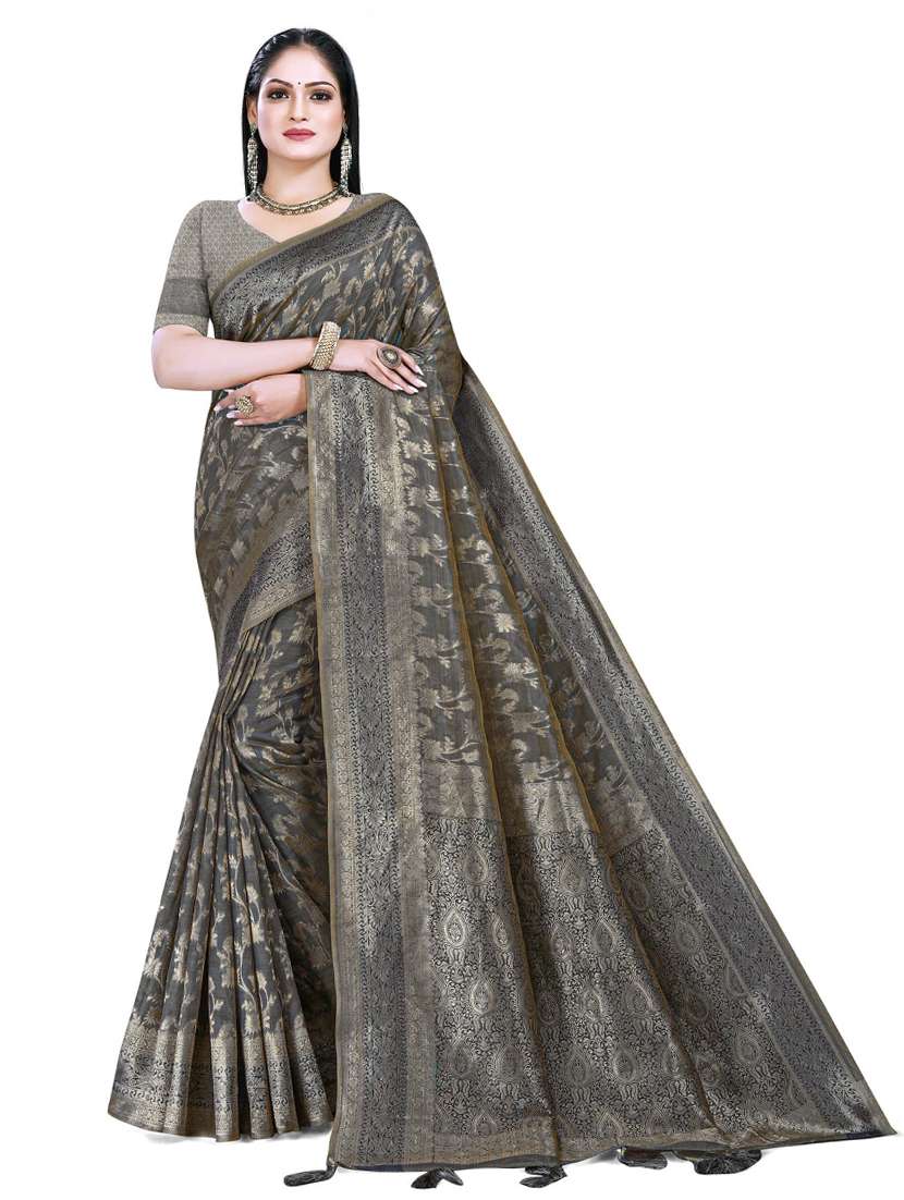 women's self design grey colored saree with blouse