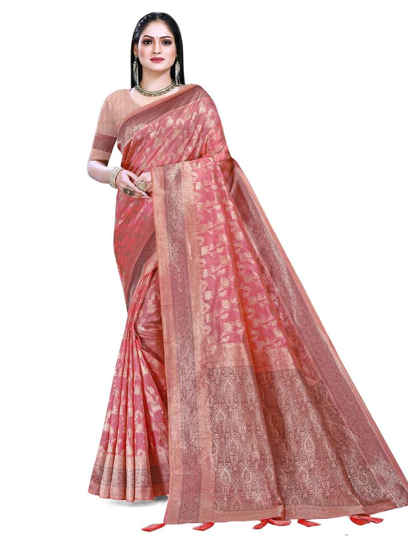 women's self design pink colored saree with blouse