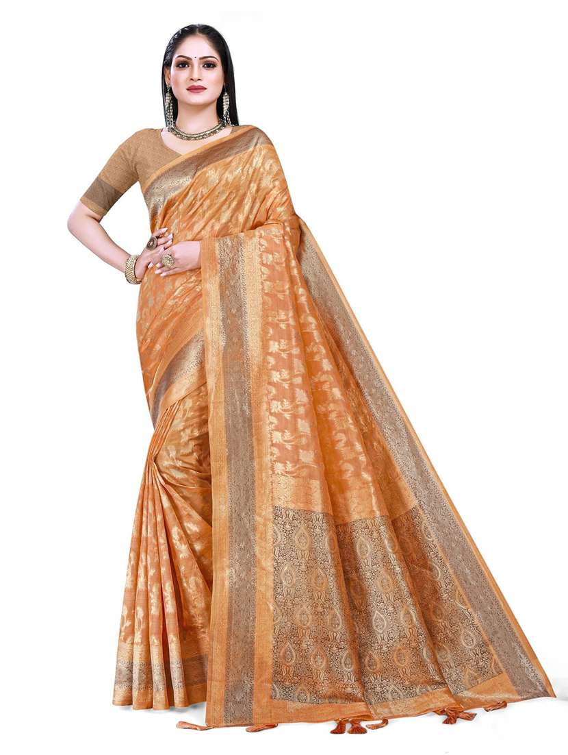 women's self design mustard colored saree with blouse