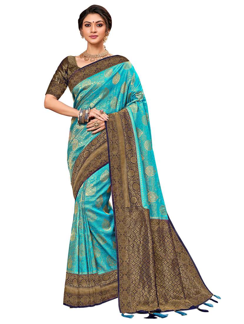 women's self design blue colored saree with blouse